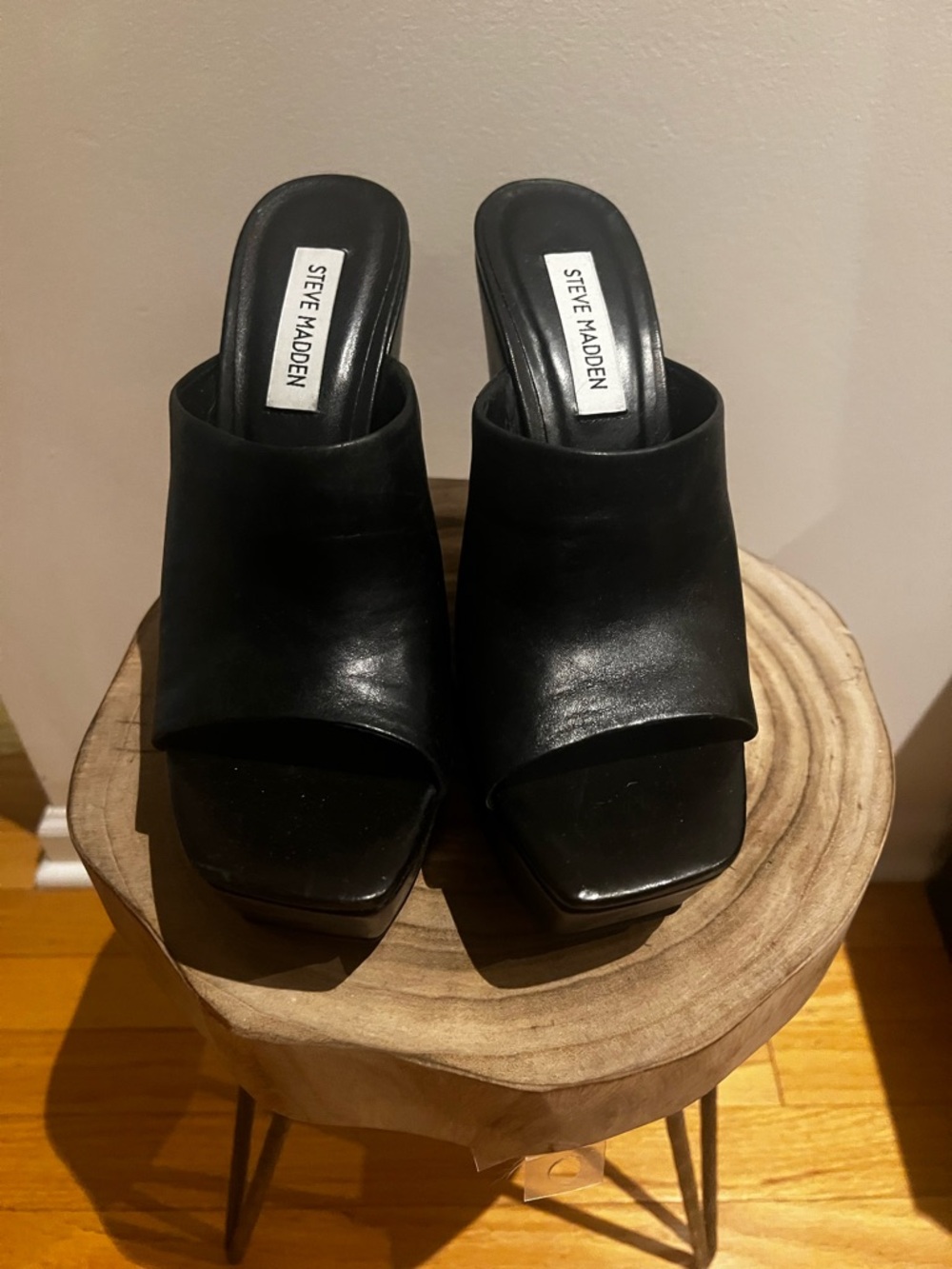 Steve Madden Black Leather Y2K Open-Slide Wedge Heels